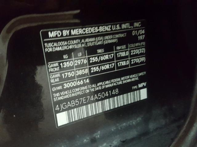 4JGAB57E74A504148 - 2004 MERCEDES-BENZ ML 350 BLACK photo 10