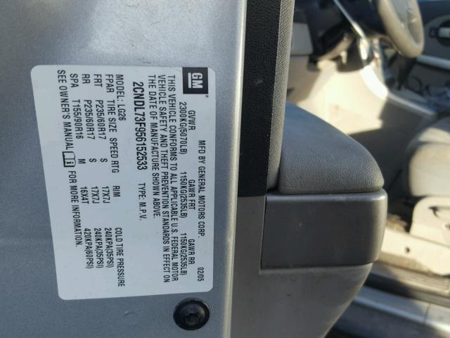 2CNDL73F956152533 - 2005 CHEVROLET EQUINOX LT SILVER photo 10