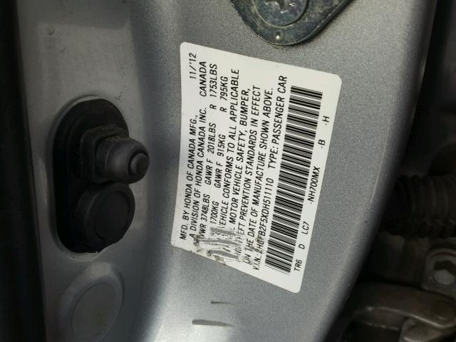 2HGFB2F5XDH511110 - 2013 HONDA CIVIC LX GRAY photo 10