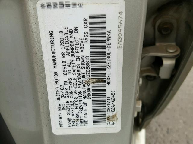 1NXBR32E33Z088818 - 2003 TOYOTA COROLLA CE SILVER photo 10