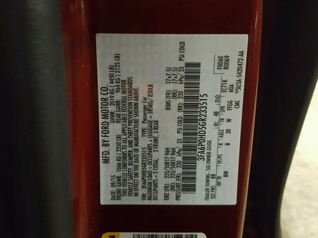 3FA6P0HD5GR233515 - 2016 FORD FUSION SE RED photo 10