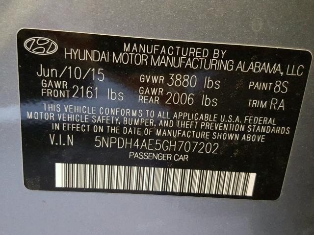 5NPDH4AE5GH707202 - 2016 HYUNDAI ELANTRA SE GRAY photo 10