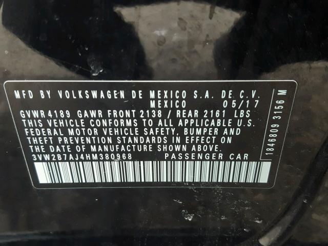 3VW2B7AJ4HM380968 - 2017 VOLKSWAGEN JETTA S Qara foto 10