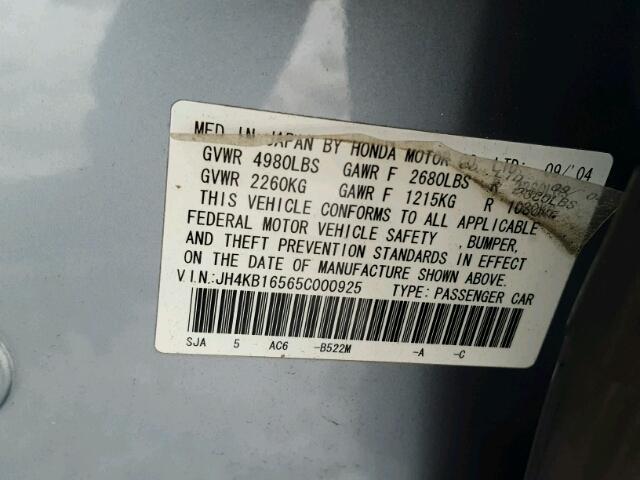 JH4KB16565C000925 - 2005 ACURA RL ლურჯი ფოტო 10