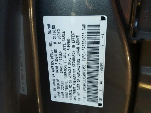 19UUA66238A042356 - 2008 ACURA TL GRAY photo 10