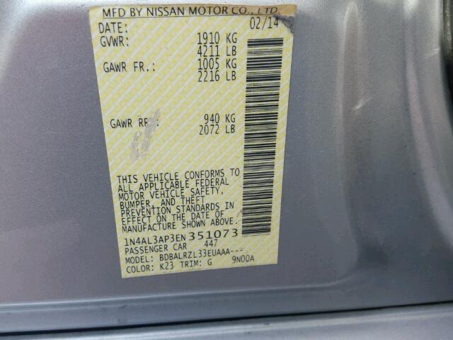 1N4AL3AP3EN351073 - 2014 NISSAN ALTIMA GRAY photo 10