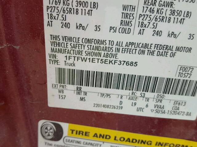 1FTFW1ET5EKF37685 - 2014 FORD F150 SUPER MAROON photo 10