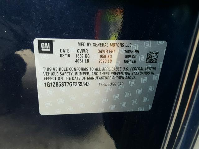 1G1ZB5ST7GF265343 - 2016 CHEVROLET MALIBU LS ლურჯი ფოტო 10