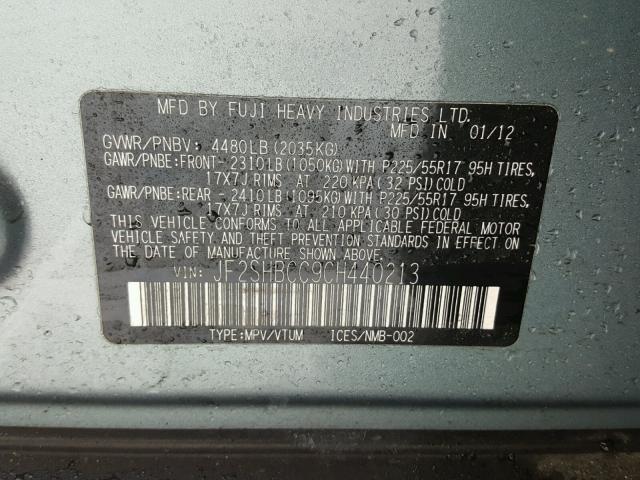 JF2SHBCC9CH440213 - 2012 SUBARU FORESTER 2 ნაცრისფერი ფოტო 10