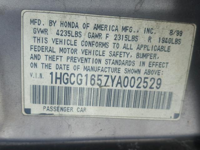 1HGCG1657YA002529 - 2000 HONDA ACCORD EX SILVER photo 10