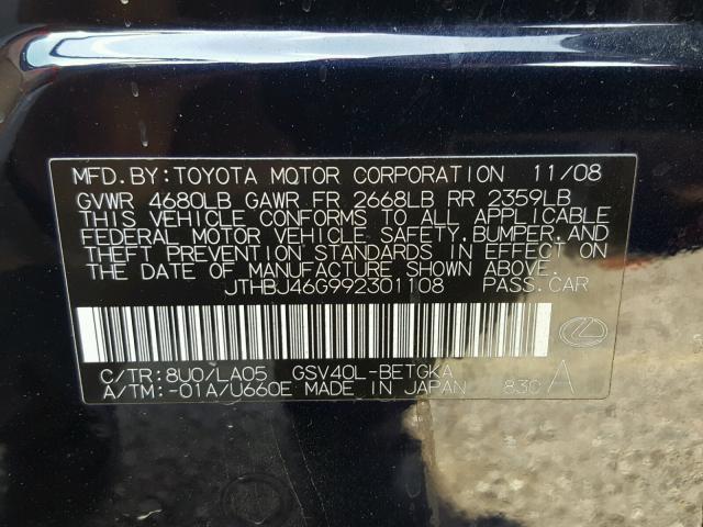 JTHBJ46G992301108 - 2009 LEXUS ES 350 BLUE photo 10