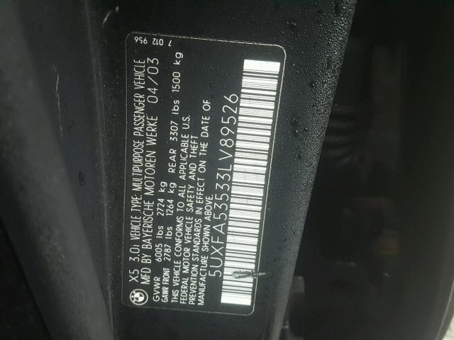 5UXFA53533LV89526 - 2003 BMW X5 3.0I BLACK photo 10