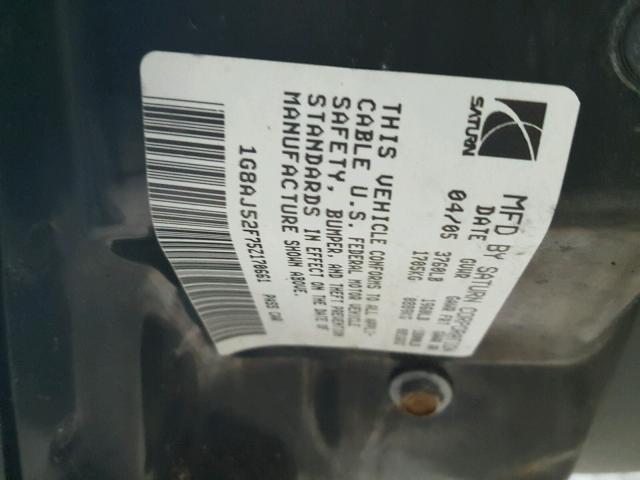 1G8AJ52F75Z170661 - 2005 SATURN ION LEVEL BLACK photo 10