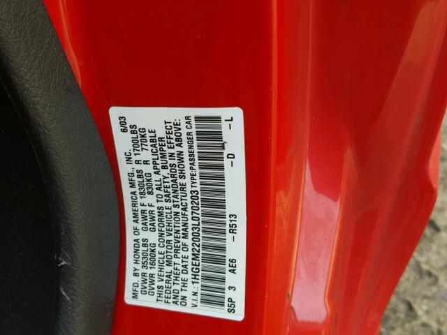 1HGEM22003L070203 - 2003 HONDA CIVIC EX წითელი ფოტო 10