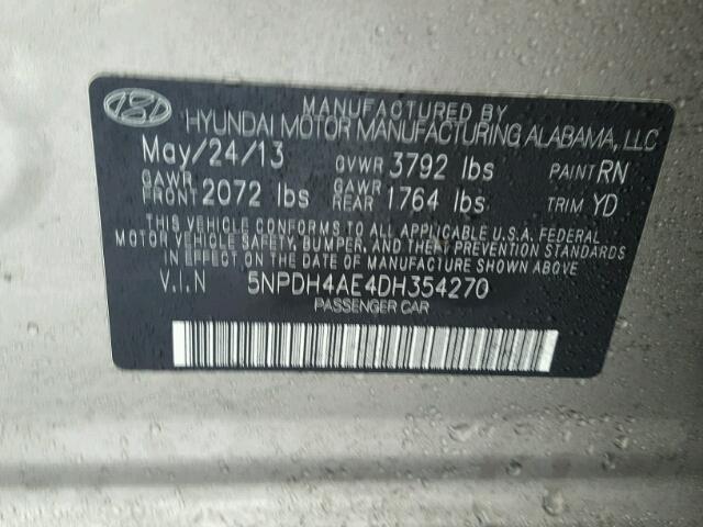 5NPDH4AE4DH354270 - 2013 HYUNDAI ELANTRA GL GRAY photo 10