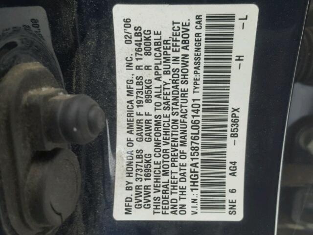 1HGFA15876L061401 - 2006 HONDA CIVIC EX 蓝色 照片 10