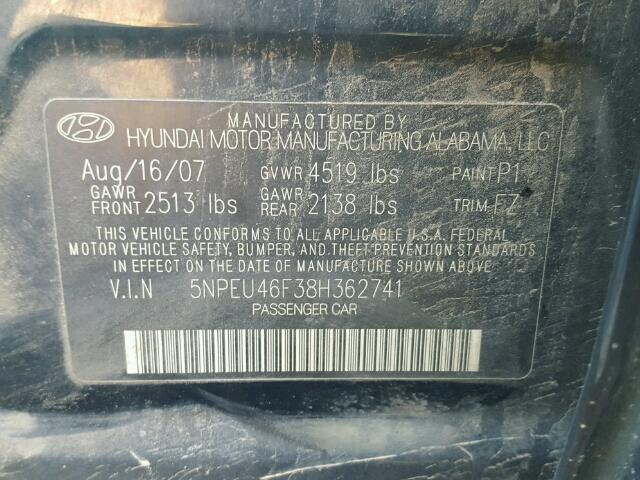 5NPEU46F38H362741 - 2008 HYUNDAI SONATA SE BLUE photo 10