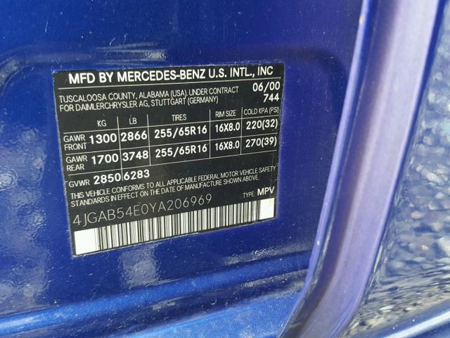 4JGAB54E0YA206969 - 2000 MERCEDES-BENZ ML 320 BLUE photo 10