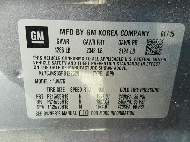 KL7CJNSB5FB122529 - 2015 CHEVROLET TRAX LTZ GRAY photo 10