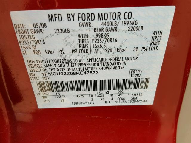 1FMCU02Z08KE47873 - 2008 FORD ESCAPE XLS RED photo 10