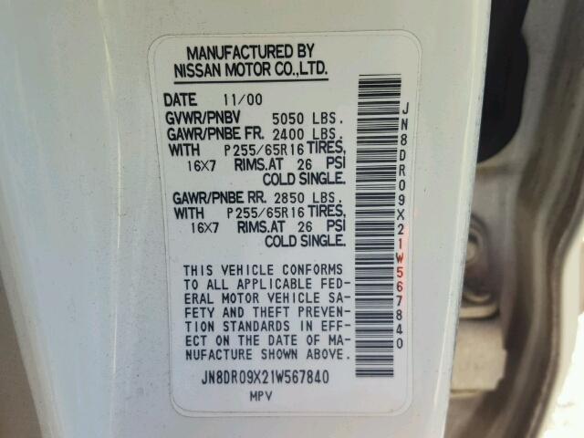 JN8DR09X21W567840 - 2001 NISSAN PATHFINDER WHITE photo 10