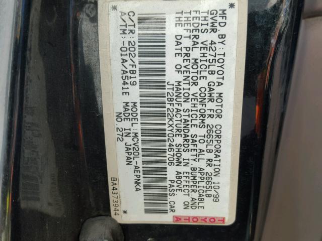 JT2BF22KXY0246706 - 2000 TOYOTA CAMRY CE BLACK photo 10