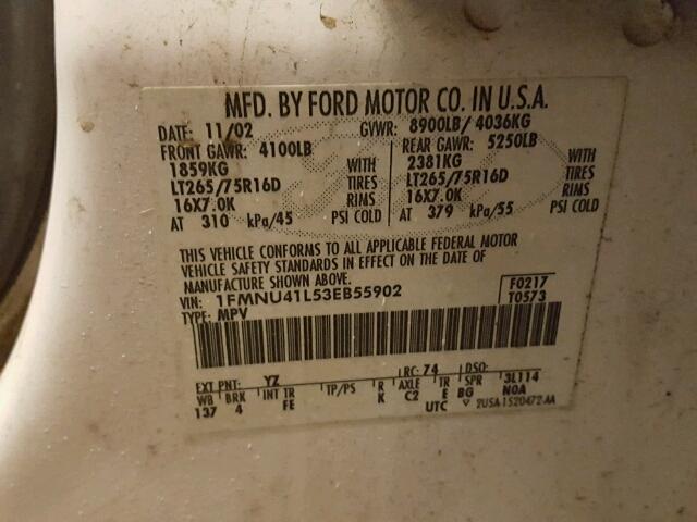 1FMNU41L53EB55902 - 2003 FORD EXCURSION WHITE photo 10