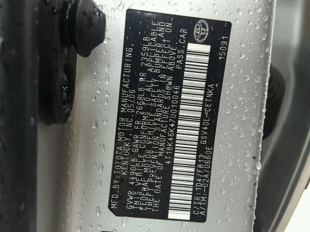 4T1BK46K47U010046 - 2007 TOYOTA CAMRY NEW SILVER photo 10