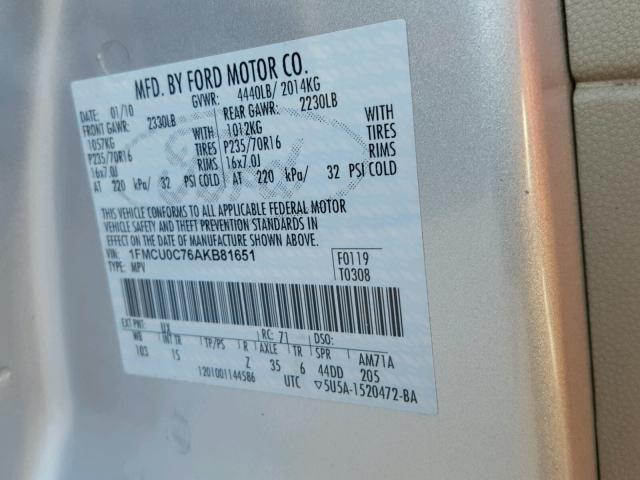 1FMCU0C76AKB81651 - 2010 FORD ESCAPE XLS SILVER photo 10