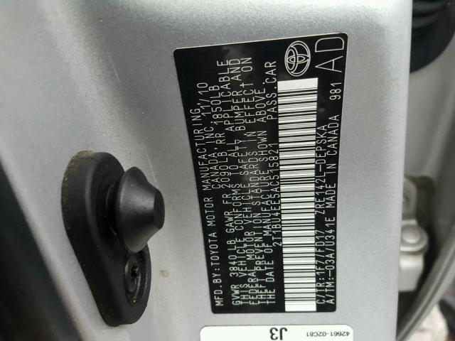 2T1BU4EE5AC515821 - 2010 TOYOTA COROLLA BA SILVER photo 10