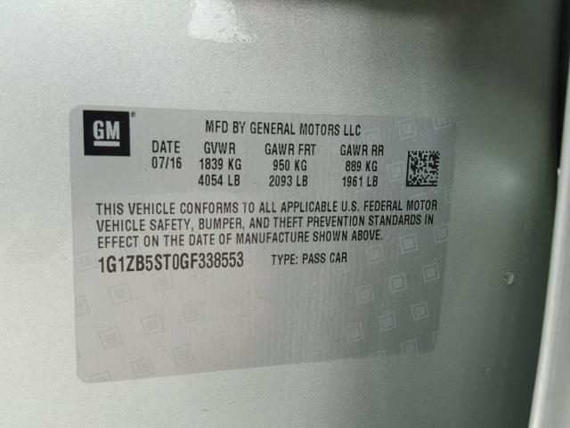 1G1ZB5ST0GF338553 - 2016 CHEVROLET MALIBU LS SILVER photo 10