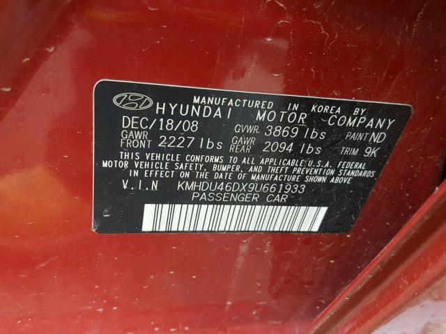 KMHDU46DX9U661933 - 2009 HYUNDAI ELANTRA GL RED photo 10