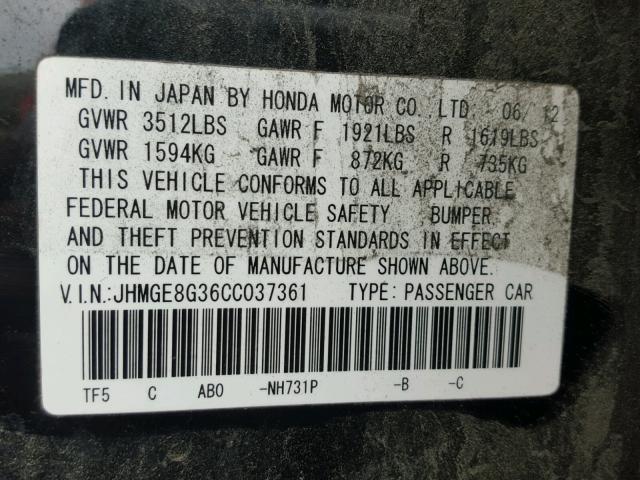 JHMGE8G36CC037361 - 2012 HONDA FIT BLACK photo 10