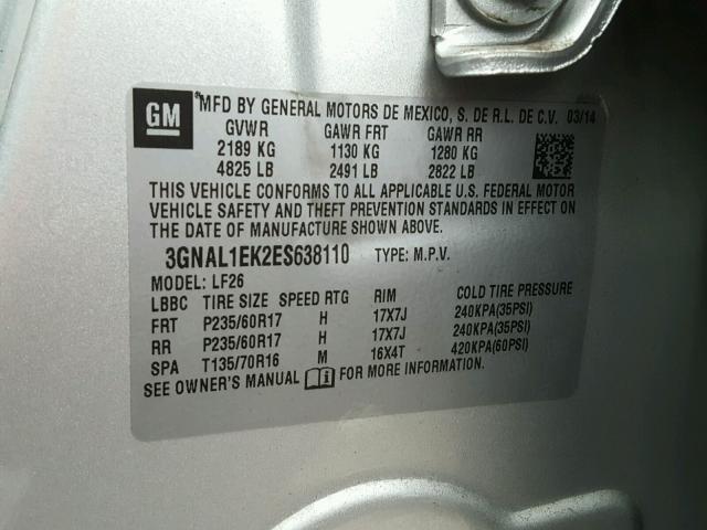 3GNAL1EK2ES638110 - 2014 CHEVROLET CAPTIVA LS 银色 照片 10