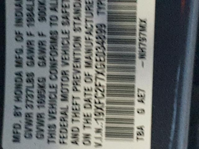 19XFC2F7XGE034899 - 2016 HONDA CIVIC EX ნაცრისფერი ფოტო 10