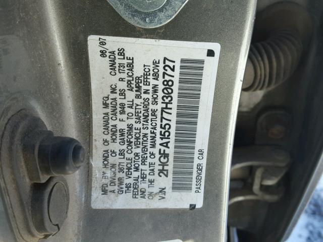 2HGFA15577H308727 - 2007 HONDA CIVIC LX GRAY photo 10