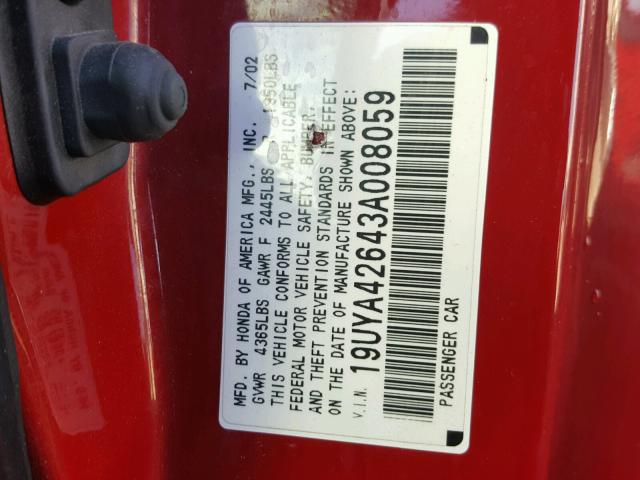 19UYA42643A008059 - 2003 ACURA 3.2CL TYPE RED photo 10