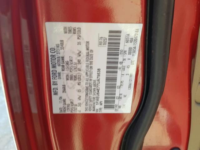 1FMEU64E77UA79538 - 2007 FORD EXPLORER E RED photo 10