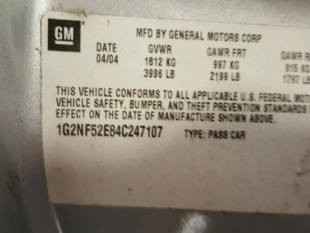 1G2NF52E84C247107 - 2004 PONTIAC GRAND AM S SILVER photo 10