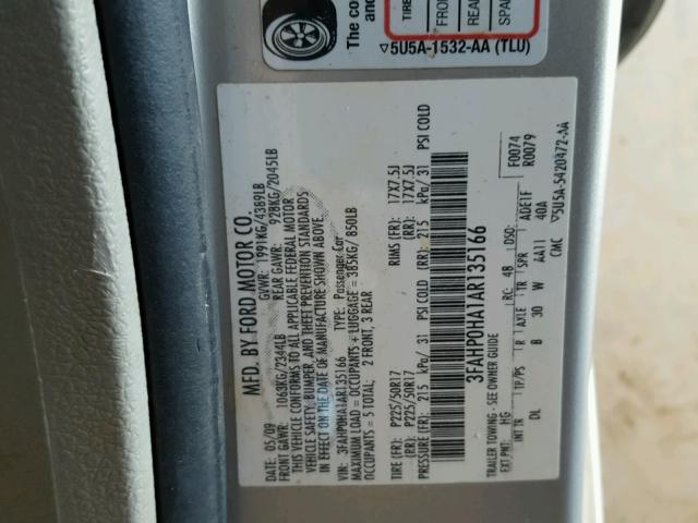 3FAHP0HA1AR135166 - 2010 FORD FUSION SE SILVER photo 10