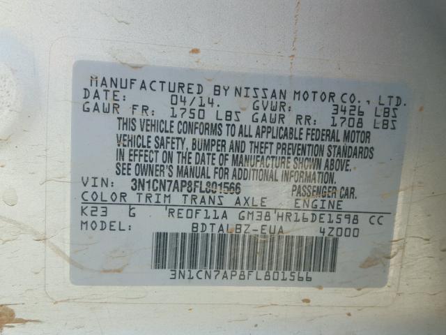 3N1CN7AP8FL801566 - 2015 NISSAN VERSA S SILVER photo 10