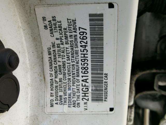 2HGFA16859H542697 - 2009 HONDA CIVIC EX WHITE photo 10