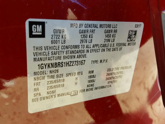 1GYKNBRS1HZ273167 - 2017 CADILLAC XT5 LUXURY RED photo 10