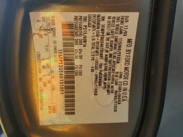 1FAFP53U54G131851 - 2004 FORD TAURUS SE GRAY photo 10