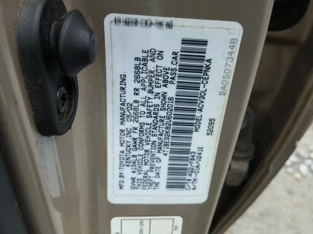 4T1BE32K82U602016 - 2002 TOYOTA CAMRY LE BEIGE photo 10