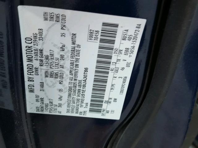 1FMEU51E18UA30786 - 2008 FORD EXPLORER S BLUE photo 10