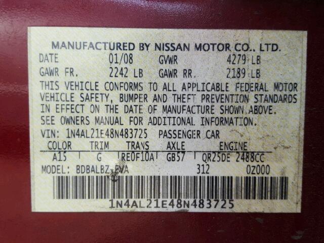 1N4AL21E48N483725 - 2008 NISSAN ALTIMA 2.5 BURGUNDY photo 10