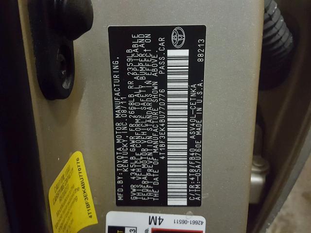 4T4BF3EK4BU770776 - 2011 TOYOTA CAMRY/SE/L GOLD photo 10