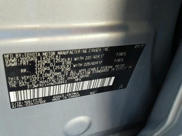 2T3WFREV4HW348943 - 2017 TOYOTA RAV4 XLE SILVER photo 10