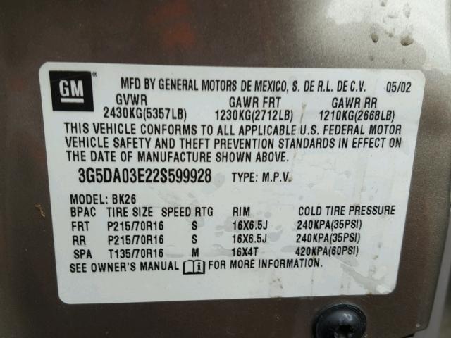 3G5DA03E22S599928 - 2002 BUICK RENDEZVOUS GRAY photo 10